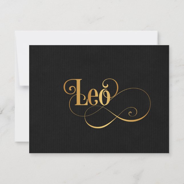 Swirly Script Zodiac Sign Leo Gold on Black Invitation (Back)