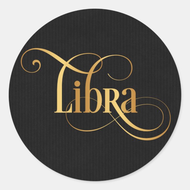 Swirly Script Zodiac Sign Libra Gold on Black Classic Round Sticker (Front)