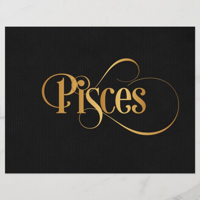 Swirly Script Zodiac Sign Pisces Gold on Black Flyer (Front)