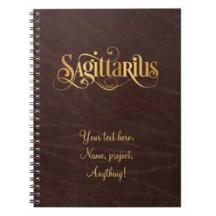 Swirly Script Zodiac Sign Sagittarius Gold Leather Notebook