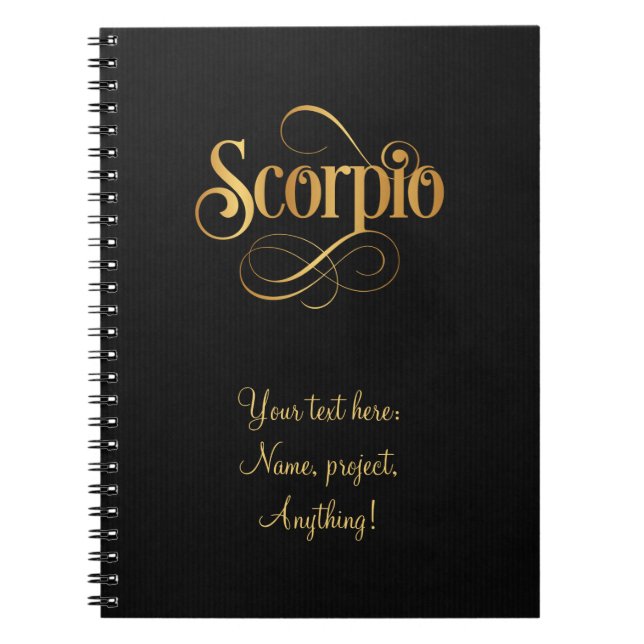 Swirly Script Zodiac Sign Scorpio Gold on Black Notebook (Front)