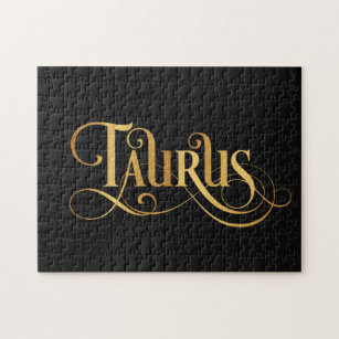 Swirly Script Zodiac Sign Taurus Gold on Black Jigsaw Puzzle