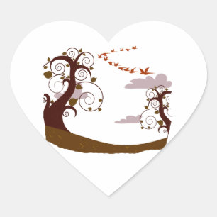 Swirly tree with flying birds graphic heart sticker