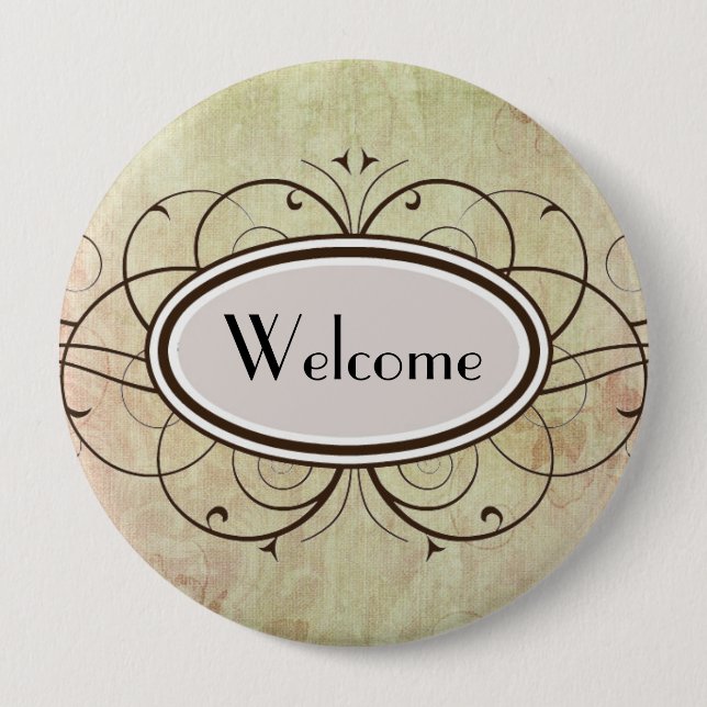 Swirly Welcome 4 Inch Round Button (Front)