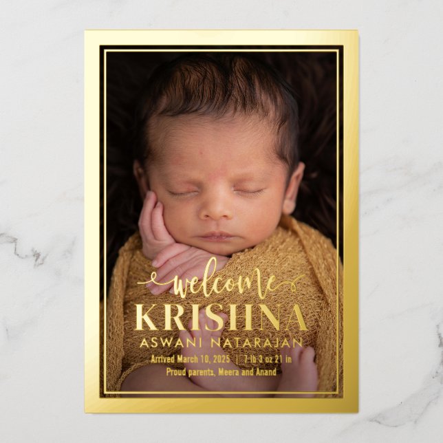 Swirly Welcome Foil Modern Baby Birth Announcement (Front)