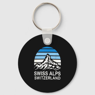 Swiss alps retro mountain scene with striped sky keychain