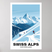 Swiss Alps Skiing, Switzerland Vintage Travel Art