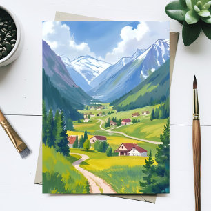 Swiss Alps Watercolor Mountains Travel Painting Postcard