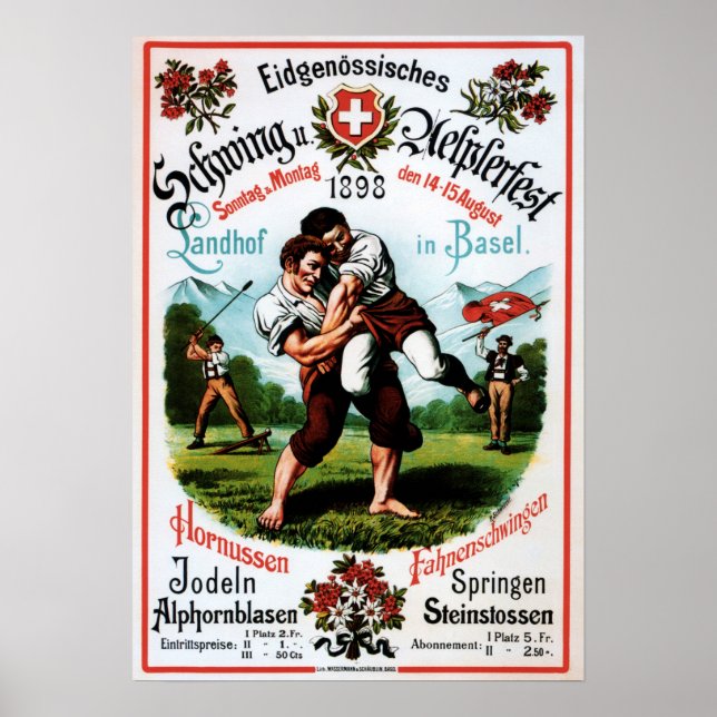 Swiss Basel Alpine Festival Wrestling Old Travel Poster (Front)