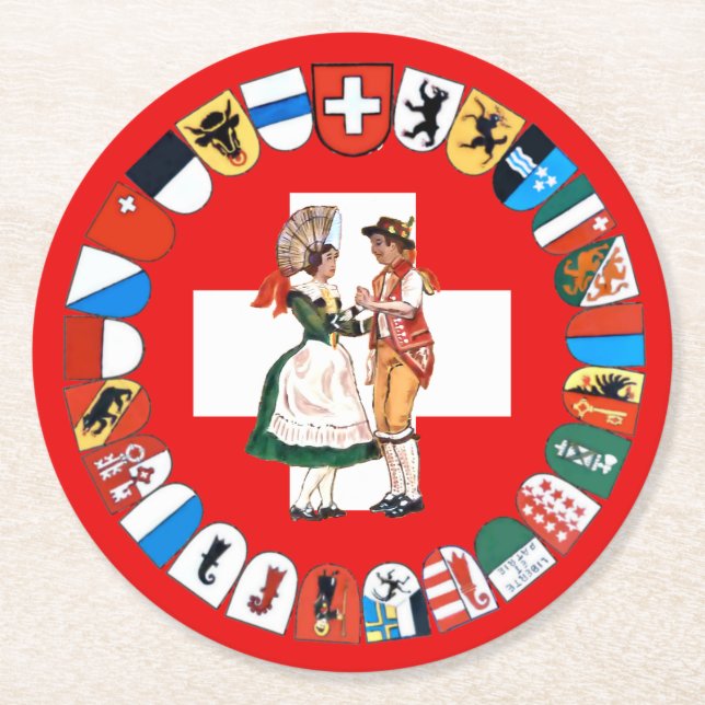Swiss cantons and dancers round paper coaster (Front)