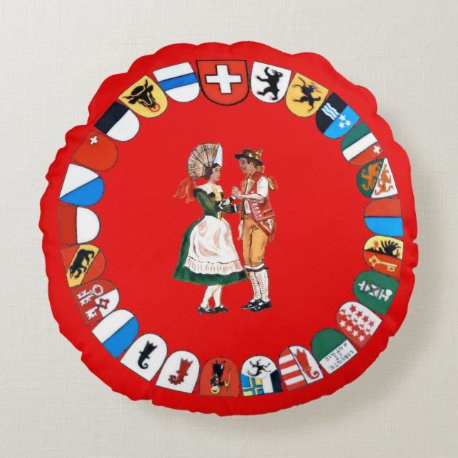 Swiss cantons and dancers round pillow (Front)
