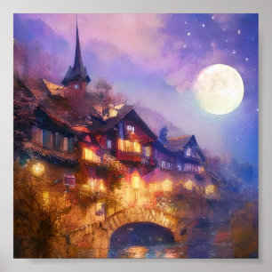 Swiss chalet and moon poster