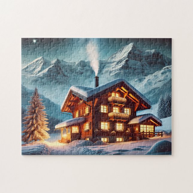 Swiss Chalet Starry Alps Cabin Jigsaw Puzzle (Horizontal)