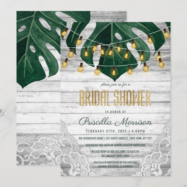 Swiss Cheese Leaf String Lights Lace Bridal Shower Invitation (Front/Back)