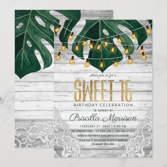 Swiss Cheese Leaf String Lights Lace Gold Sweet 16 Invitation (Front/Back)