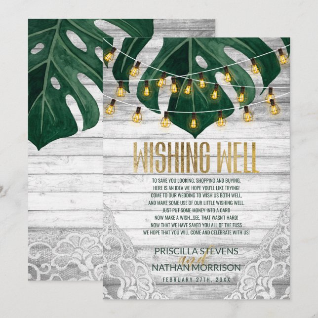 Swiss Cheese Leaf String Lights Lace Wishing Well Invitation (Front/Back)
