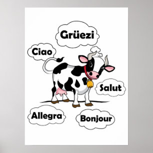 Swiss Cow Grüezi Bonjour Ciao Switzerland Travel Poster