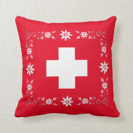 Swiss flag and edelweiss throw pillow