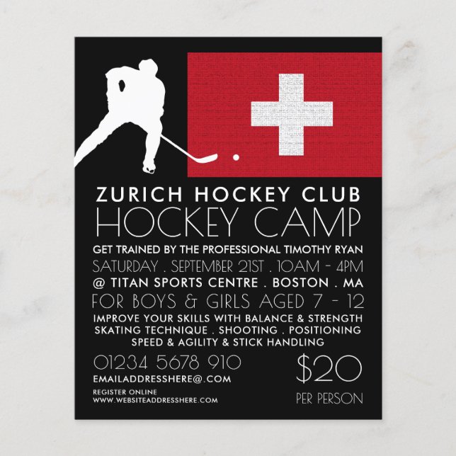 Swiss Flag, Hockey Player, Camp Advertising Flyer (Front)