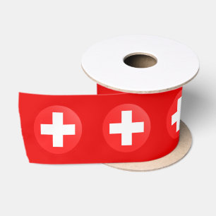Swiss Flag ribbon, Switzerland circle on Red Satin Ribbon