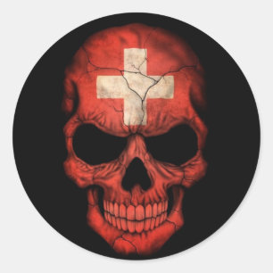 Swiss Flag Skull on Black Classic Round Sticker