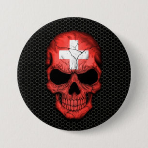 Swiss Flag Skull on Steel Mesh Graphic 3 Inch Round Button