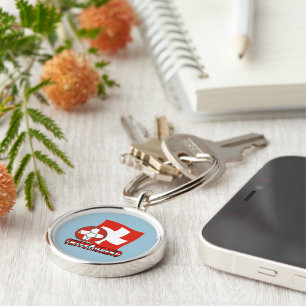 Swiss Flag Soccer Ball Blue Background Round Keychain