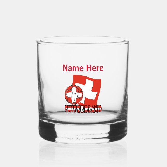 Swiss Flag Soccer Ball Red Personalization Whiskey Glass (Front)