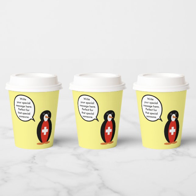Swiss Flag Talking Ms. Penguin Personalized  Paper Cups (Multi)