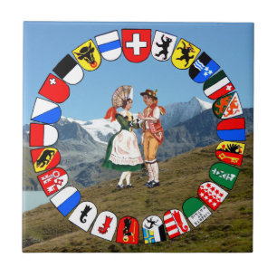 Swiss mountains, Swiss cantons and folk dancers  Tile