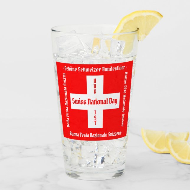 Swiss National Day in Four Languages Swiss Flag Glass (Back Ice)