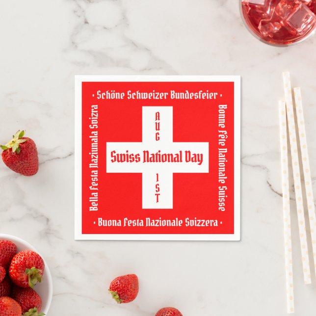 Swiss National Day in Four Languages Swiss Flag Napkin (Insitu)