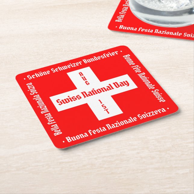 Swiss National Day in Four Languages Swiss Flag Square Paper Coaster (Angled)