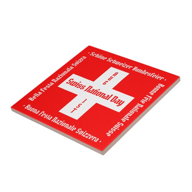 Swiss National Day in Four Languages Swiss Flag Tile (Side)