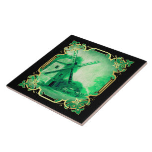 Swiss/Norwegian/Holland windmill delft green Tile
