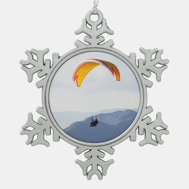 Swiss Paragliding Snowflake Orange Snowflake Pewter Christmas Ornament (Front)