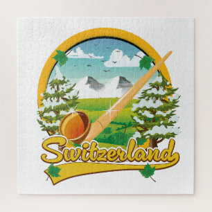 Switzerland alphorn retro travel logo jigsaw puzzle