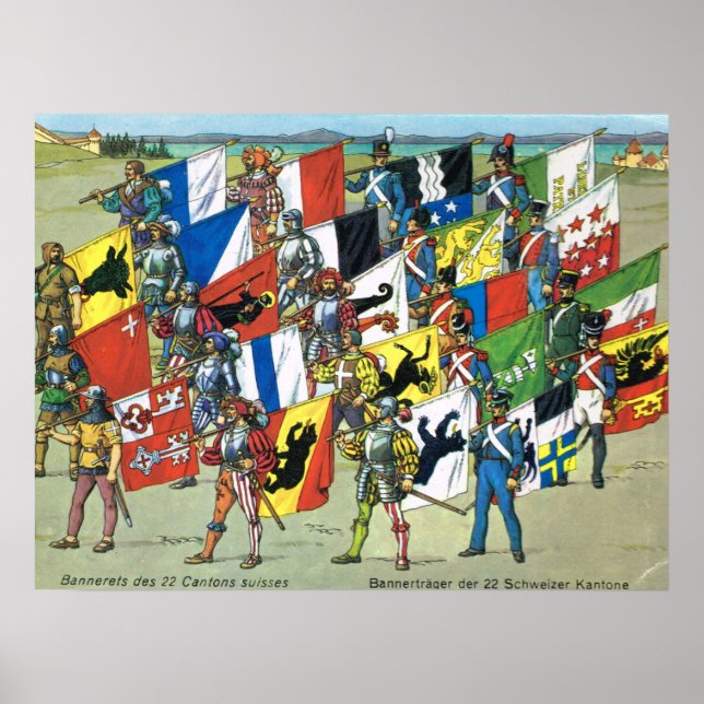 Switzerland,  Banners of the 22 Swiss Cantons Poster (Front)