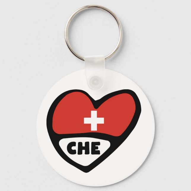 Switzerland Country Code Flag Heart Keyring, CHE Keychain (Front)
