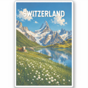 Switzerland Cows Cow Illustration Travel Art Retro