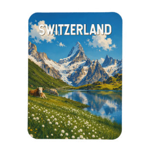 Switzerland Cows Cow Illustration Travel Art Retro Magnet