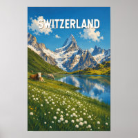 Switzerland Cows Cow Illustration Travel Art Retro