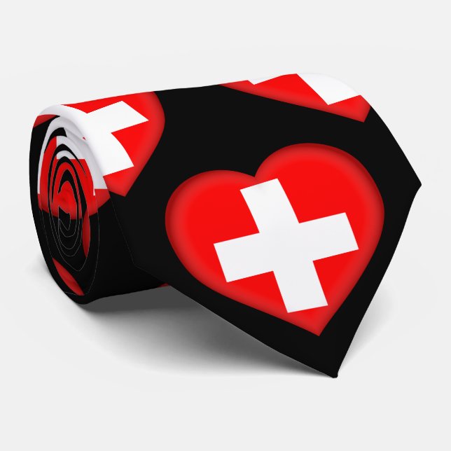 Switzerland Flag Colours Heart Pattern Neck Tie (Rolled)
