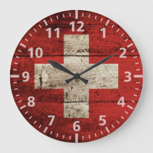Switzerland Flag on Old Wood Grain Large Clock
