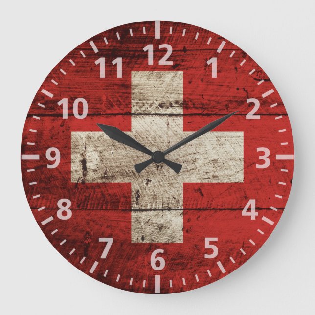Switzerland Flag on Old Wood Grain Large Clock (Front)