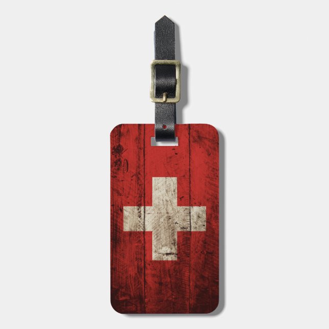 Switzerland Flag on Old Wood Grain Luggage Tag (Front Vertical)