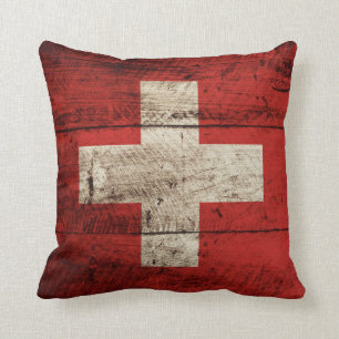Switzerland Flag on Old Wood Grain Throw Pillow