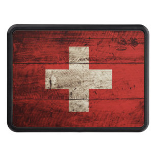Switzerland Flag on Old Wood Grain Trailer Hitch Cover