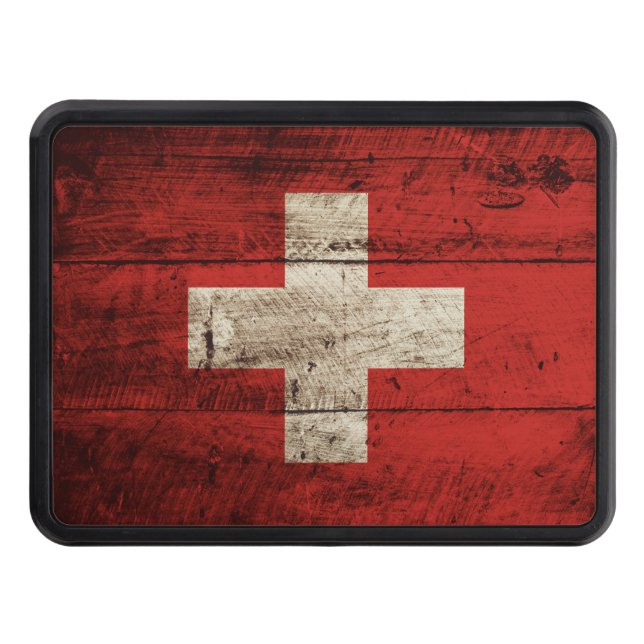 Switzerland Flag on Old Wood Grain Trailer Hitch Cover (Front)