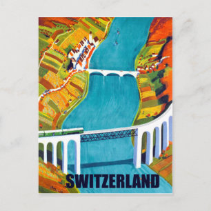Switzerland panorama, bridges over lake, vintage postcard